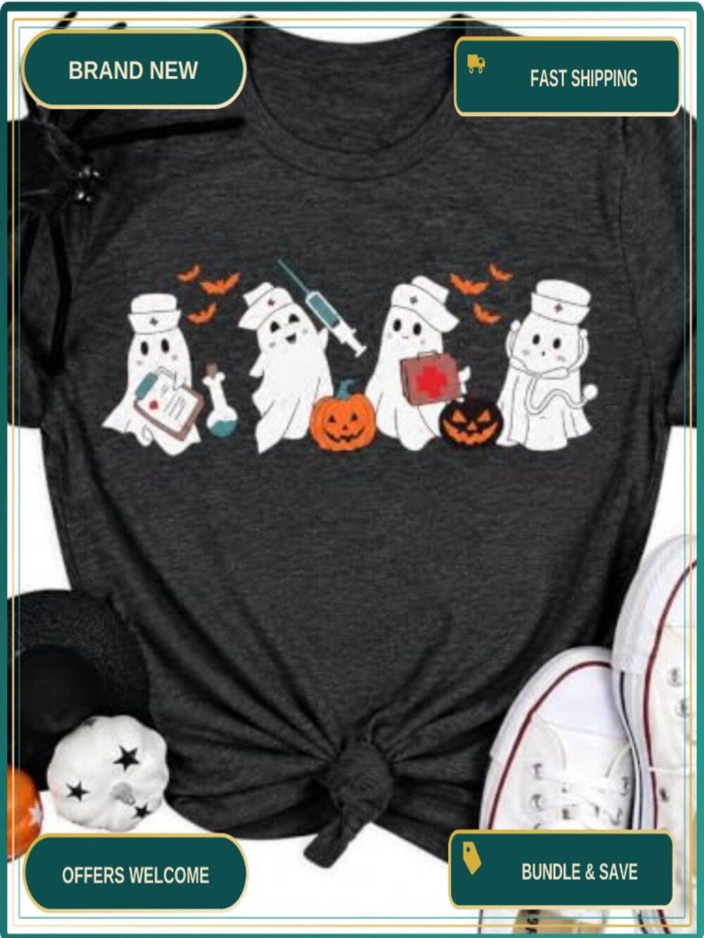 Women's Halloween Ghost Nurse Graphic T-Shirt Short Sleeve Cotton Blend Crew